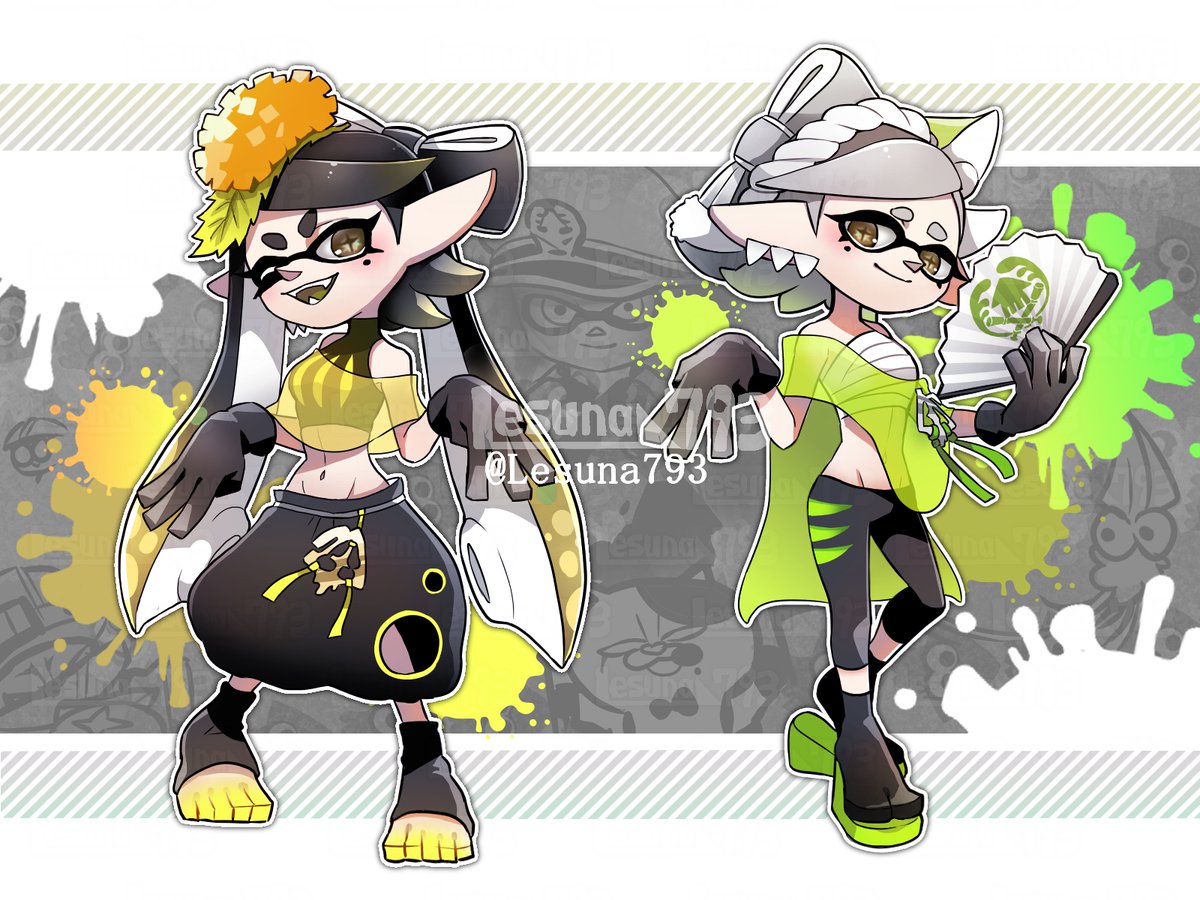 black_gloves, black_hair, breasts, brown_eyes, callie_(splatoon), chest_sarashi, cosplay, cousins