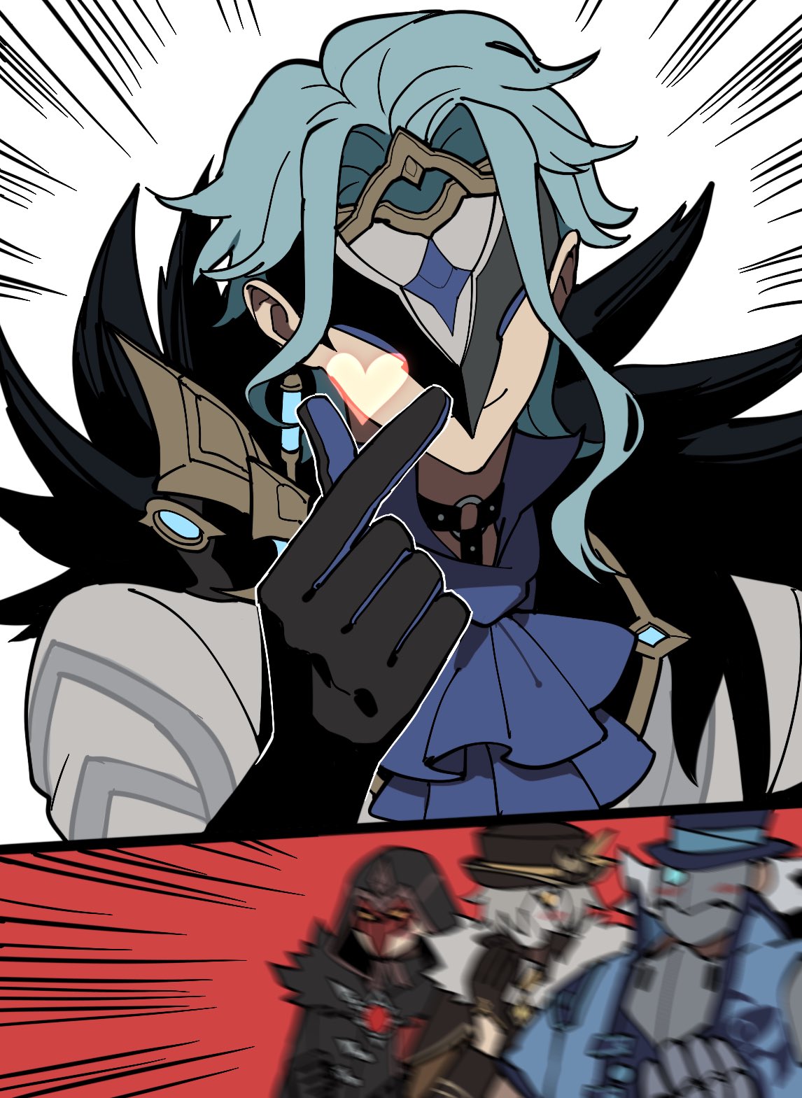 4boys, bangs, black_gloves, blue_hair, closed_mouth, coat, commentary_request, dottore_(genshin_impact)