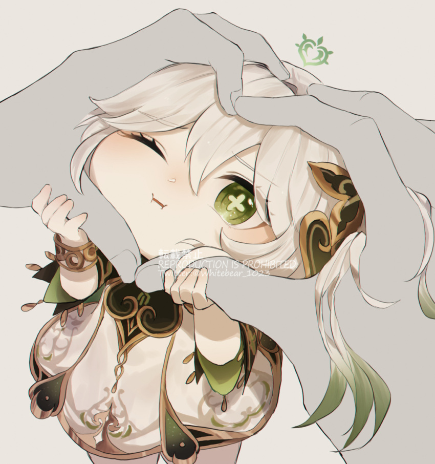 bangle, bangs, blush, bracelet, closed_mouth, commentary_request, flower-shaped_pupils, genshin_impact