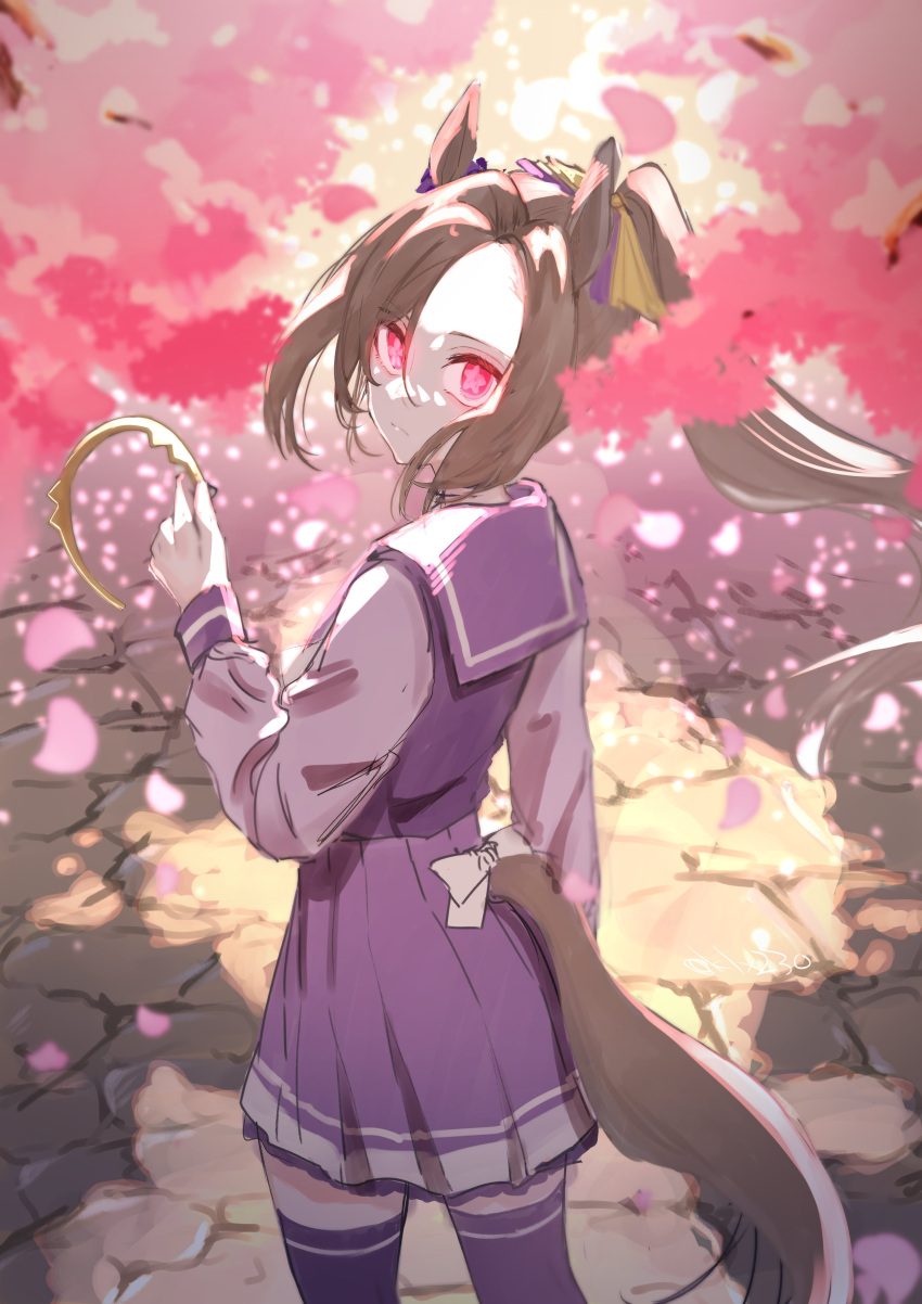 1girl, absurdres, animal_ears, bow, brown_hair, cherry_blossoms, expressionless, feet_out_of_frame