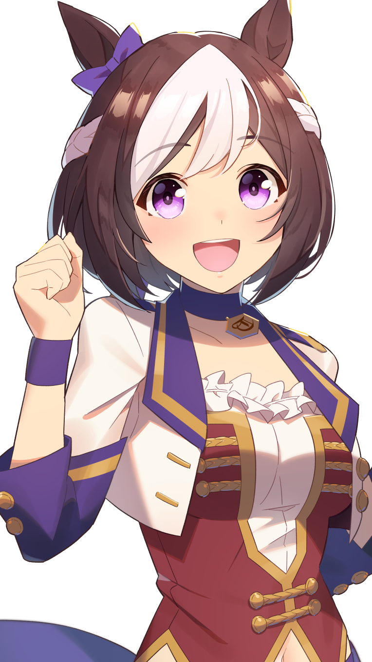 1girl, :d, animal_ears, bow, brown_hair, clenched_hand, commentary, ear_bow