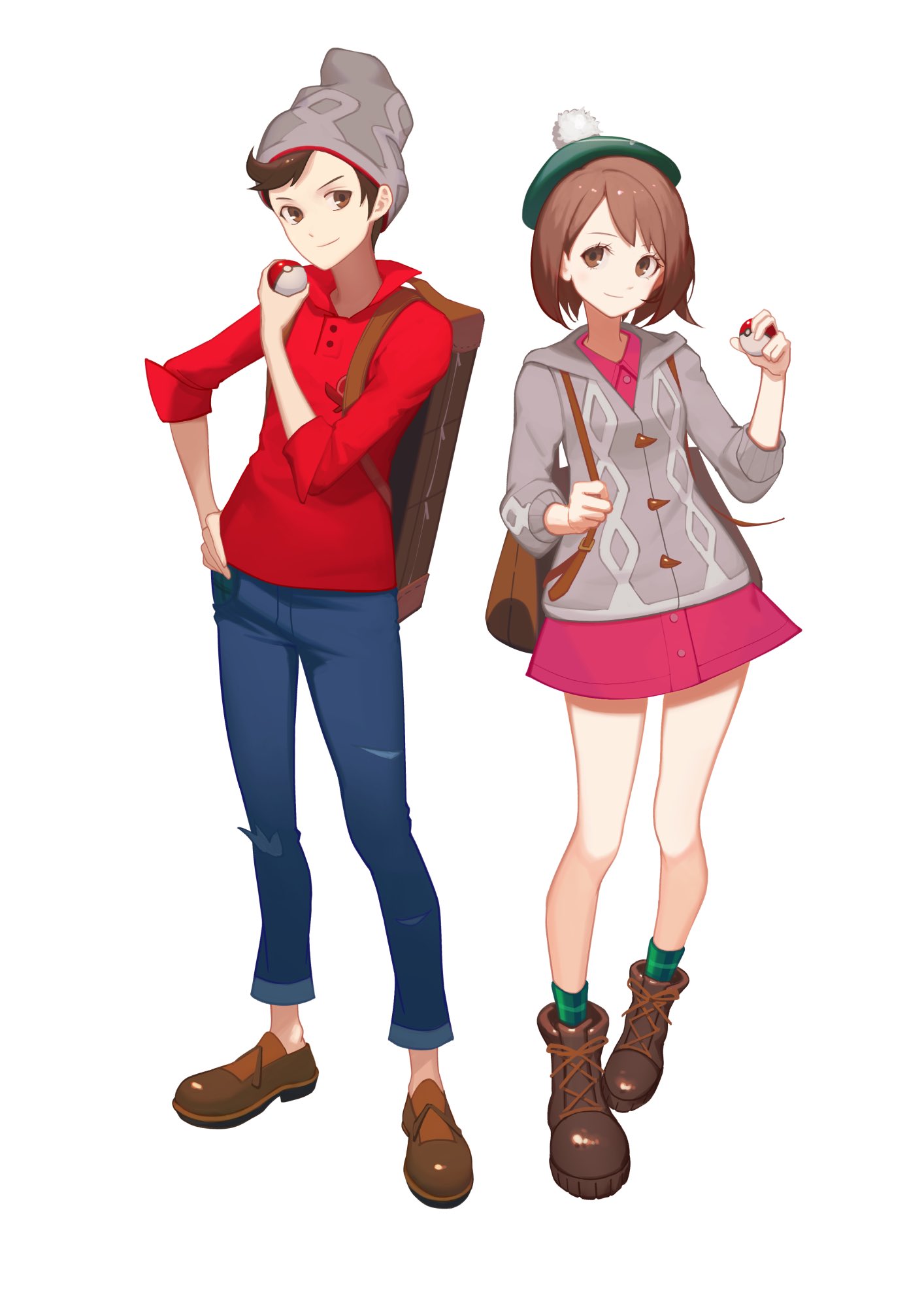 1boy, 1girl, backpack, bag, bangs, beanie, boots, brown_bag