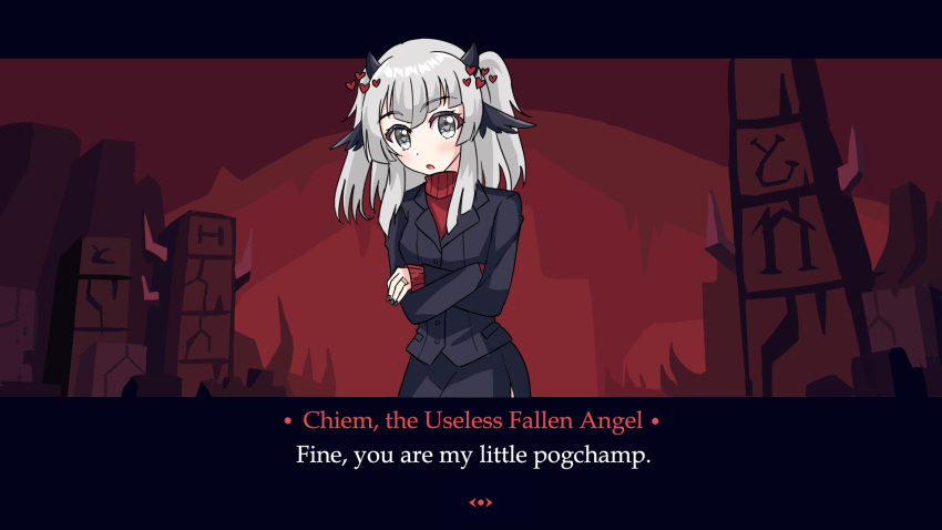 1girl, bangs, black_horns, black_suit, black_wings, business_suit, chiem, chiem_(vtuber)