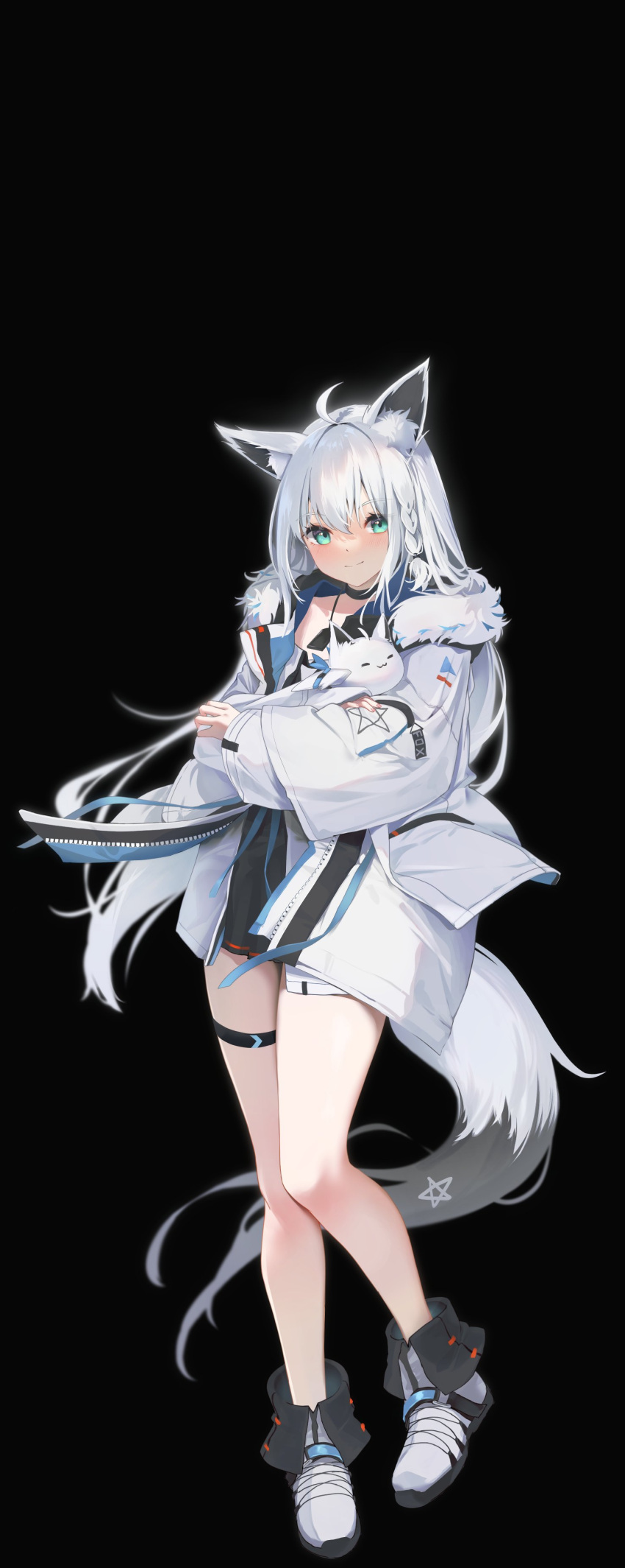 1girl, absurdres, ahoge, animal_ear_fluff, animal_ears, aqua_eyes, bangs, black_shorts