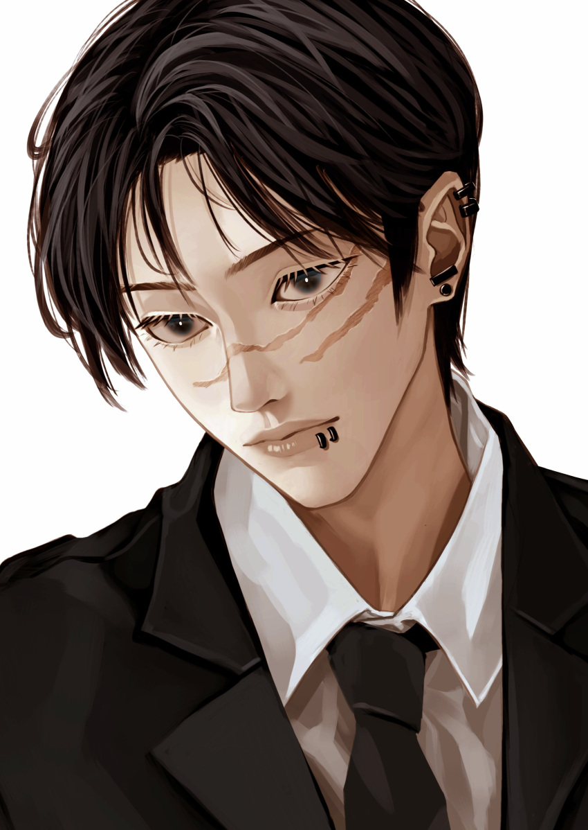 1boy, absurdres, black_hair, black_jacket, black_necktie, chainsaw_man, collared_shirt, ear_piercing