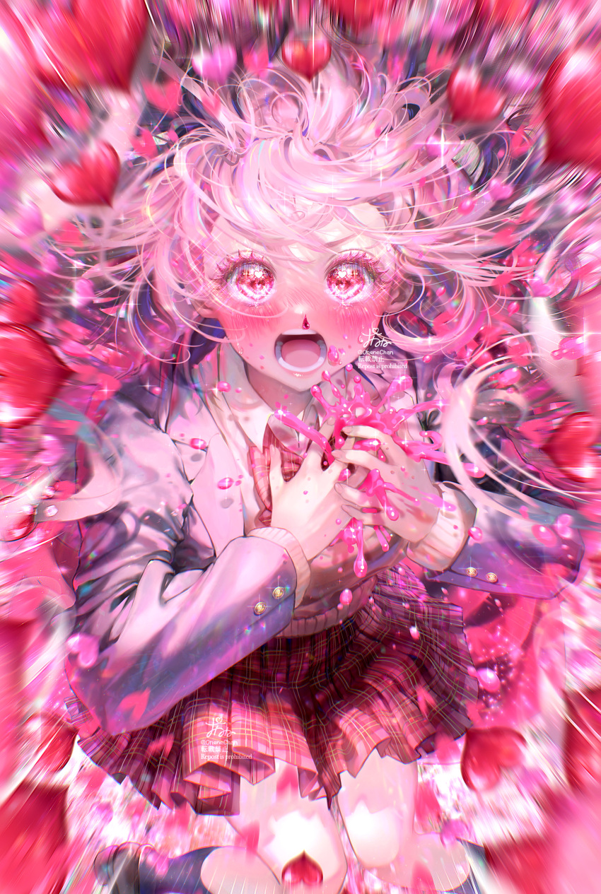 1girl, absurdres, background_text, bare_legs, black_socks, blazer, blood, blue_jacket