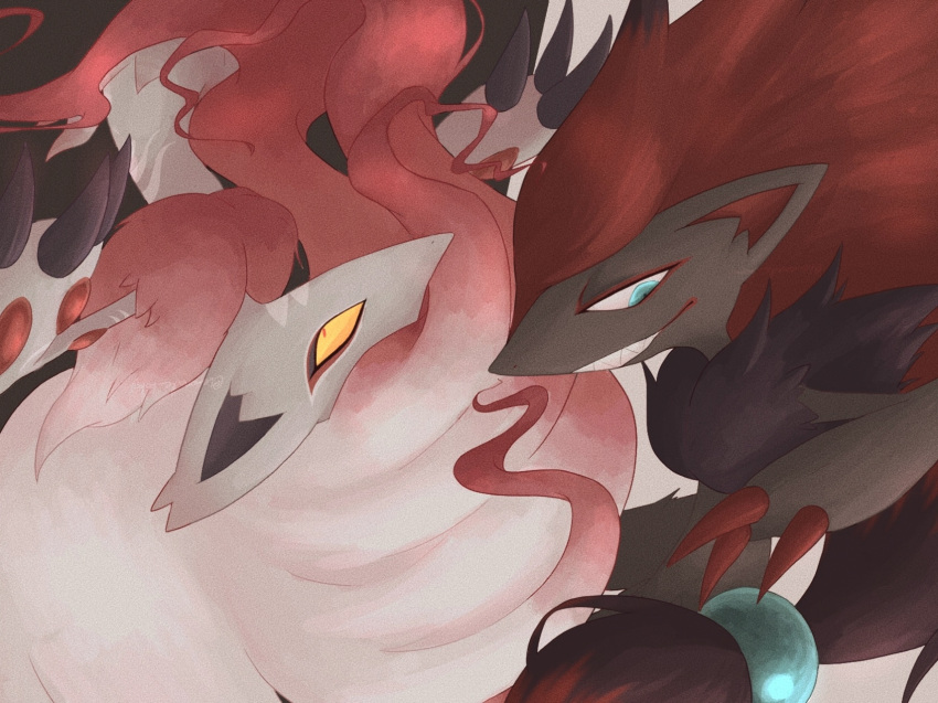 2others, animal_ears, animal_hands, arm_up, beads, big_hair, black_fur, black_hair, blue_eyes, body_fur, claws, colored_sclera, commentary_request, constricted_pupils, fur_collar, furry, gradient_hair, grey_background, grey_fur, grin, hair_beads, hair_ornament, half-closed_eyes, happy, highres, hisuian_zoroark, lemonade_kokoi, long_hair, looking_down, low-tied_long_hair, multicolored_hair, multiple_others, other_focus, partial_commentary, pokemon, pokemon_(creature), red_eyes, redhead, rotated, rotational_symmetry, sharp_teeth, simple_background, smile, teeth, two-tone_fur, two-tone_hair, upper_body, very_long_hair, white_fur, white_hair, wolf_ears, yellow_sclera, zoroark
