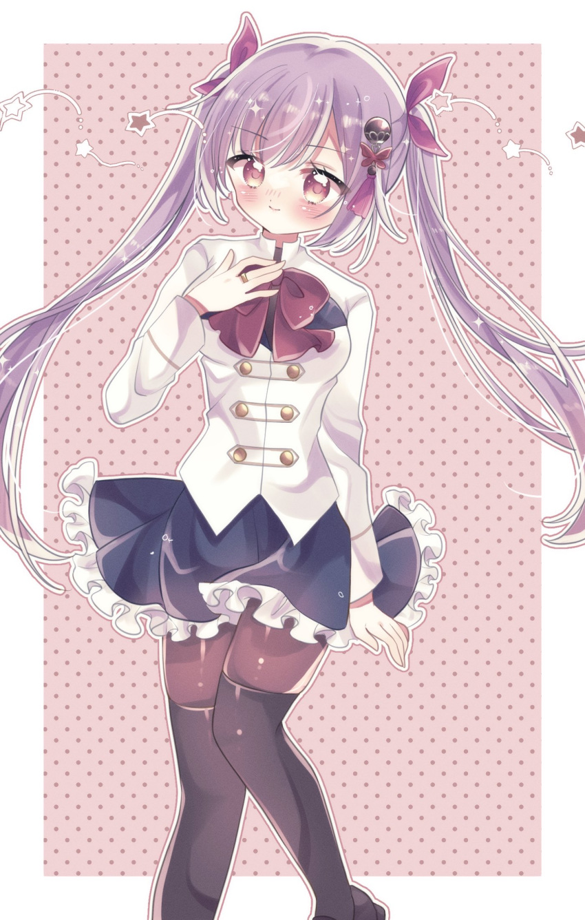 1girl, arm_at_side, assault_lily, bangs, black_footwear, black_thighhighs, blue_skirt, blush