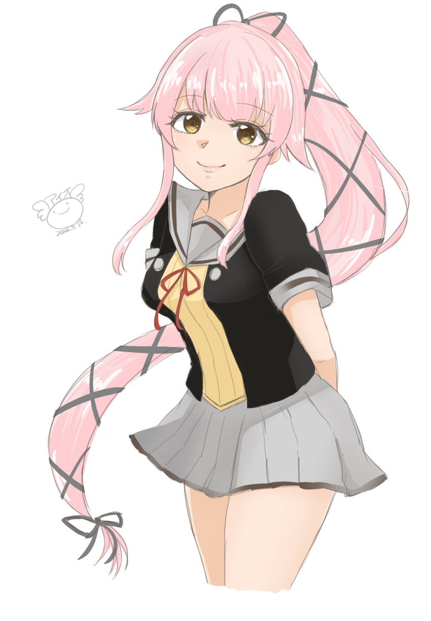 1girl, aio, arms_behind_back, black_jacket, brown_eyes, cowboy_shot, cropped_legs, grey_sailor_collar