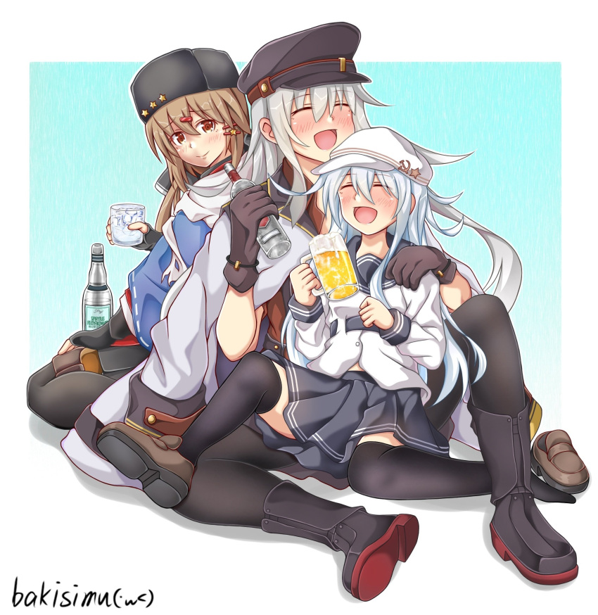 1girl, alcohol, beer, beer_mug, black_bow, black_gloves, black_headwear, black_pantyhose