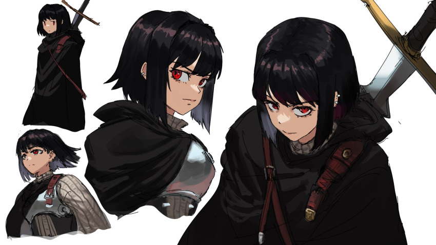 1girl, armor, bangs, black_cloak, black_hair, breastplate, breasts, cloak
