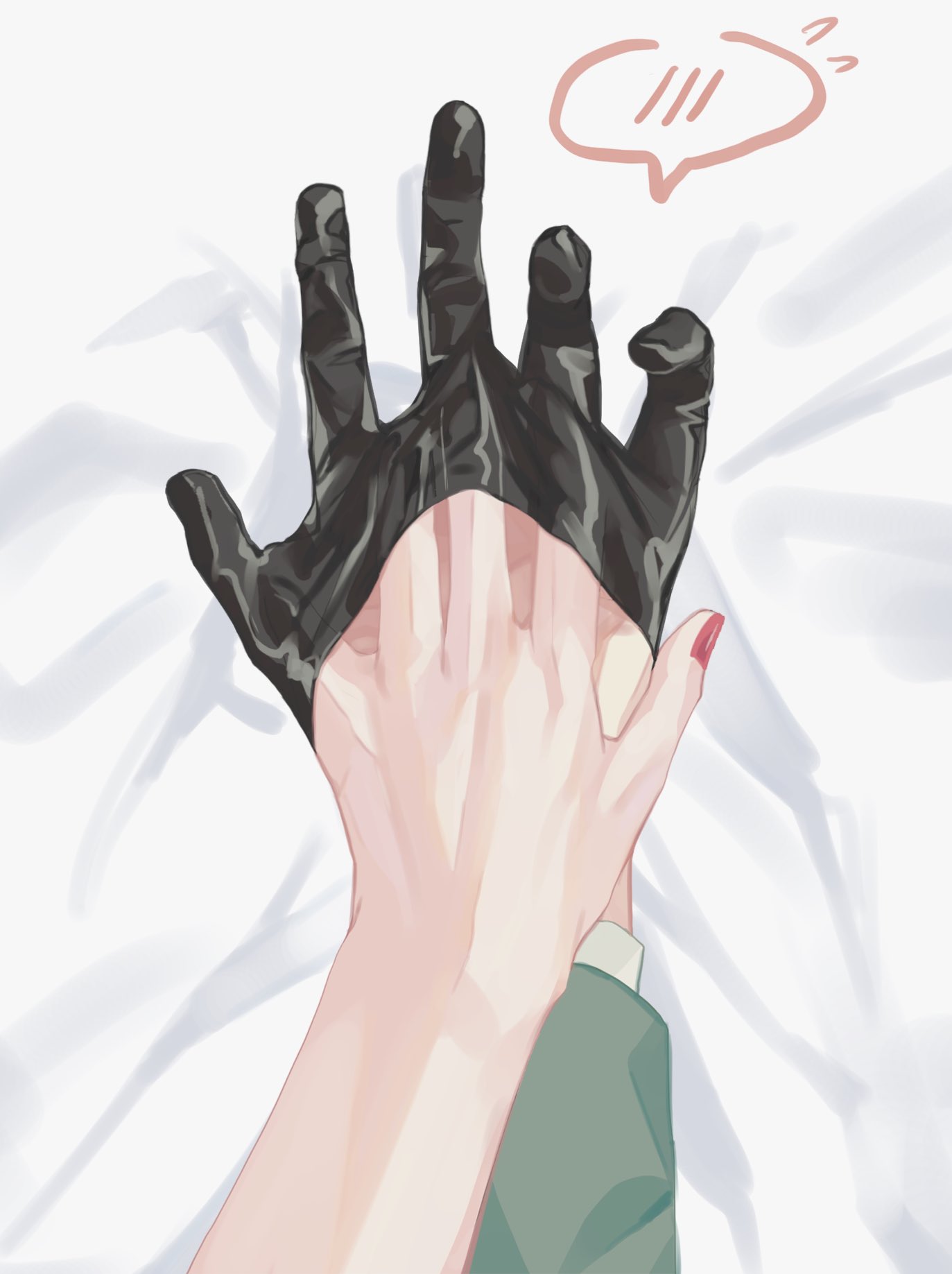 black_gloves, couple, disembodied_limb, fingernails, fingers, formal, gloves, green_suit