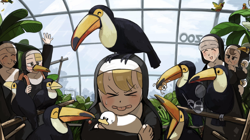 >_<, 5girls, ^_^, animal_on_head, bandaid, bandaid_on_face, beak_hold, bird