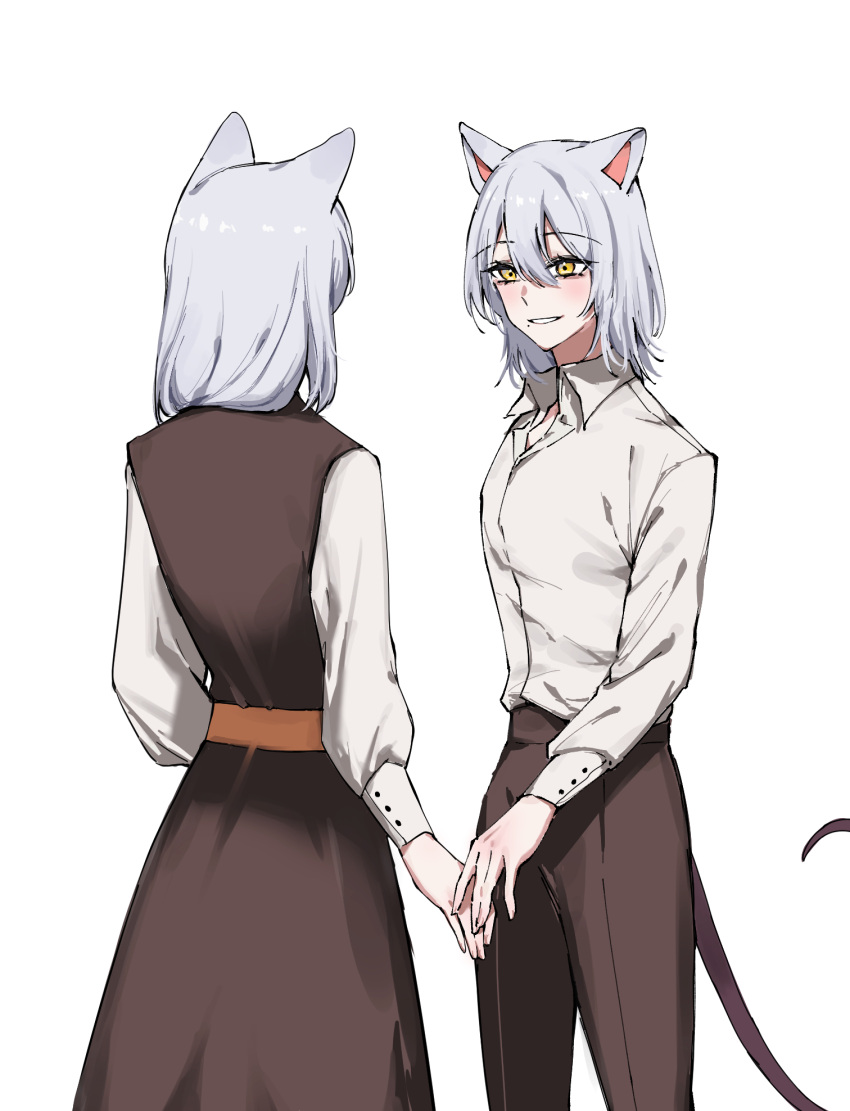 2girls, alternate_costume, animal_ears, arknights, brown_dress, brown_pants, collared_shirt, cowboy_shot