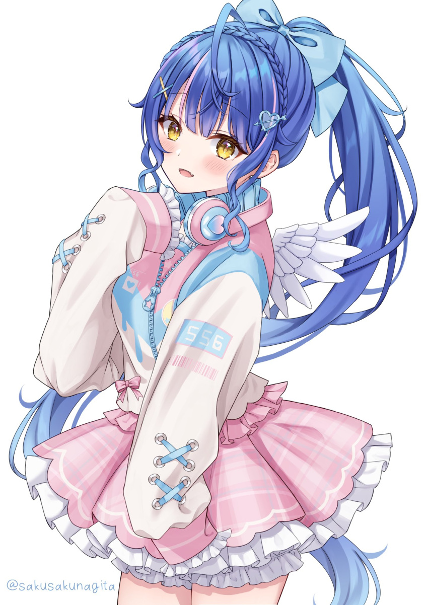 1girl, ahoge, amamiya_kokoro, blue_hair, blue_ribbon, blush, braid, feathered_wings