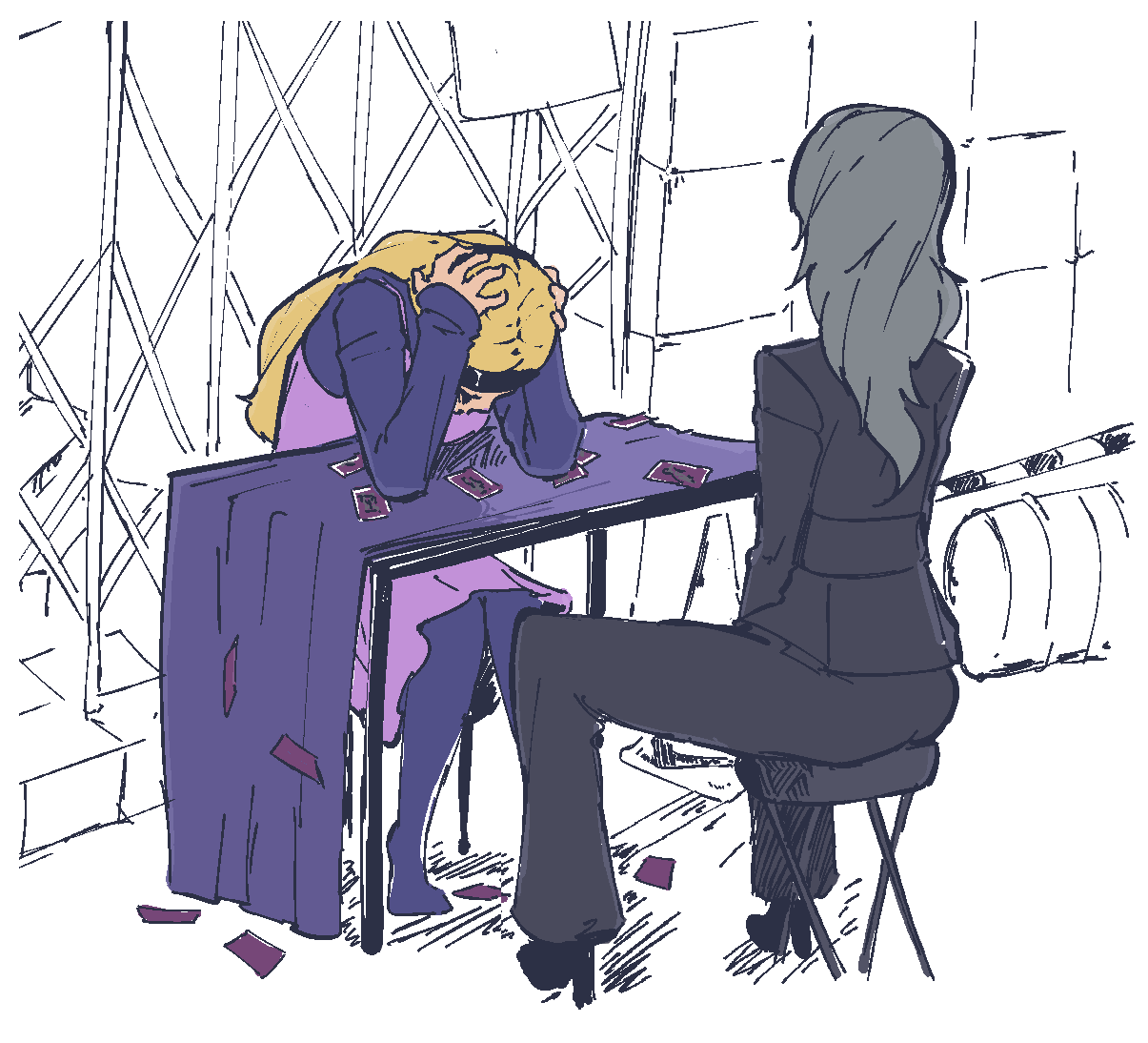 2girls, blonde_hair, business_suit, dress, elbows_on_table, formal, grey_hair, hands_on_own_head