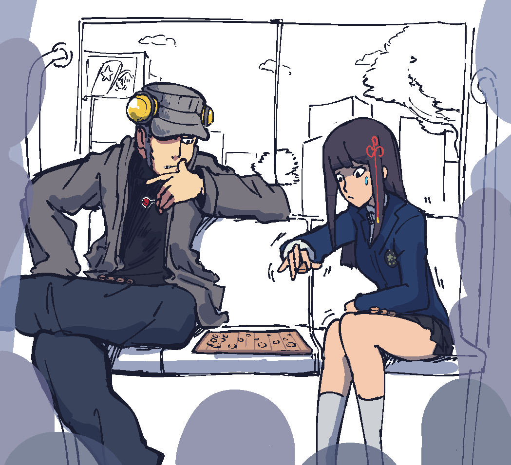 1boy, 1girl, audience, board_game, feet_out_of_frame, hair_tie, iwai_munehisa, kosei_high_school_uniform, long_hair, monochrome_background, persona, persona_5, plow_(witch_parfait), school_uniform, shaded_face, shaking, shogi, sidelocks, sitting, socks, sweat, sweatdrop, thighs, tougou_hifumi