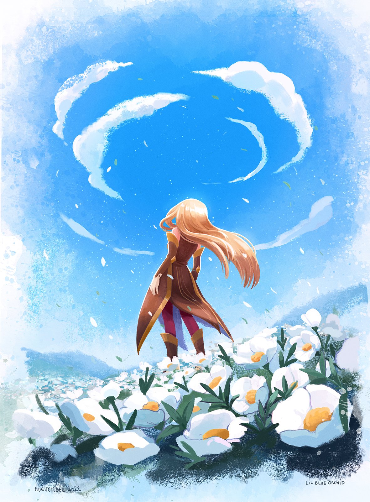 1girl, bare_shoulders, blue_sky, boots, brown_hair, clouds, cloudy_sky, detached_sleeves, dress, field, flower, flower_field, from_behind, full_body, gloves, highres, lilblueorchid, long_hair, outdoors, pantyhose, petals, sky, sleeveless, sleeveless_dress, solo, tales_of_(series), tales_of_the_abyss, tear_grants, white_flower, white_gloves, white_petals