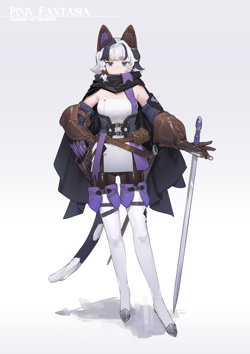 1girl, absurdres, animal_ears, arm_warmers, black_cape, black_hair, blue_eyes, braid