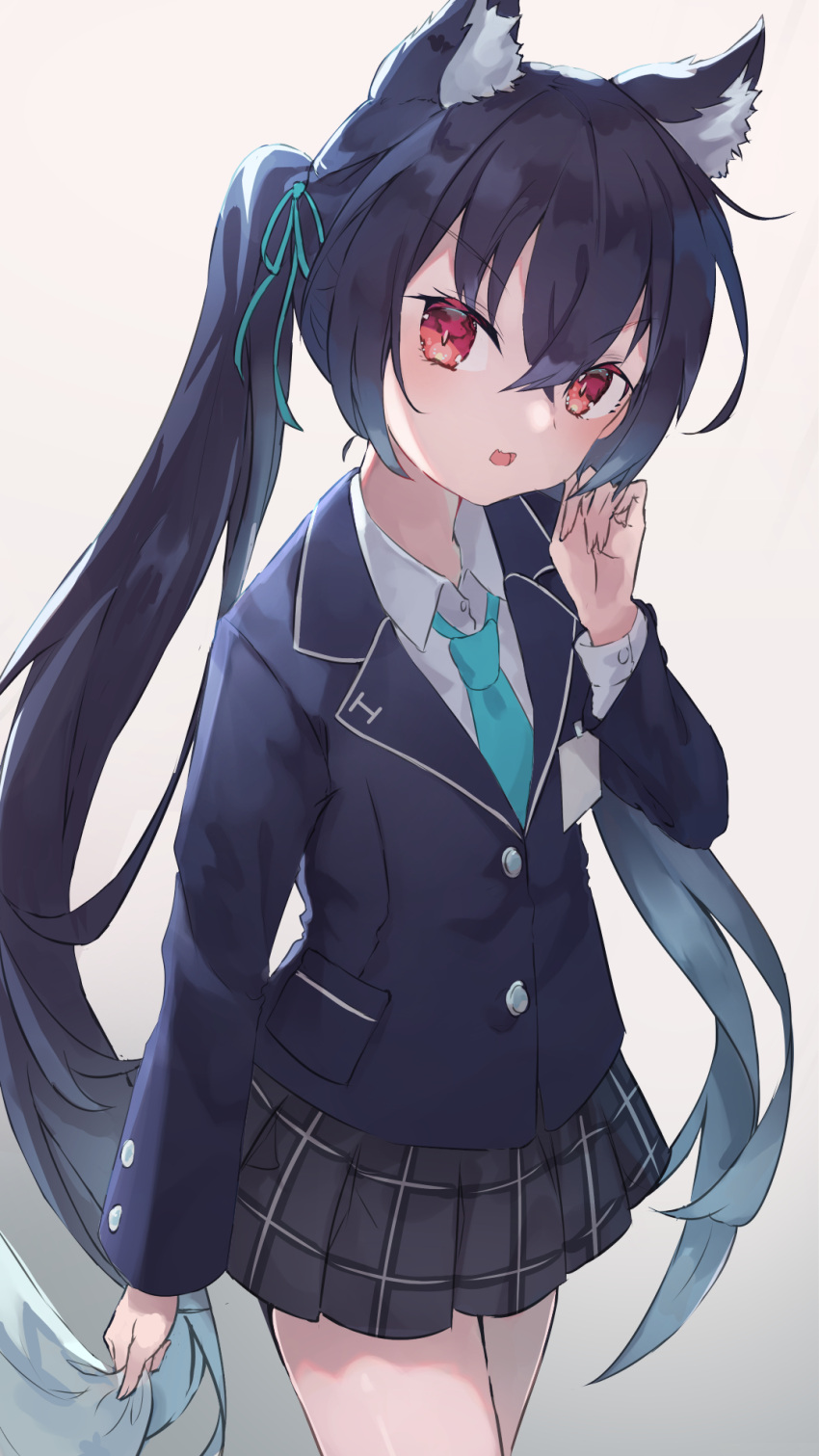 1girl, animal_ear_fluff, animal_ears, bangs, black_hair, black_skirt, blazer, blue_archive, cat_ears, collared_shirt, commentary, cowboy_shot, elxion, flat_chest, gradient, gradient_background, gradient_hair, green_hair, green_necktie, green_ribbon, hair_between_eyes, hair_ribbon, hand_on_own_cheek, hand_on_own_face, hand_up, highres, id_card, jacket, long_hair, long_sleeves, looking_at_viewer, mixed-language_commentary, multicolored_hair, necktie, open_mouth, pleated_skirt, red_eyes, ribbon, serika_(blue_archive), shirt, skirt, solo, twintails, very_long_hair, white_background, white_shirt