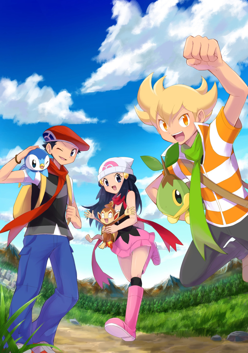 1girl, 2boys, :d, ;d, absurdres, arm_up, bare_arms, barry_(pokemon)
