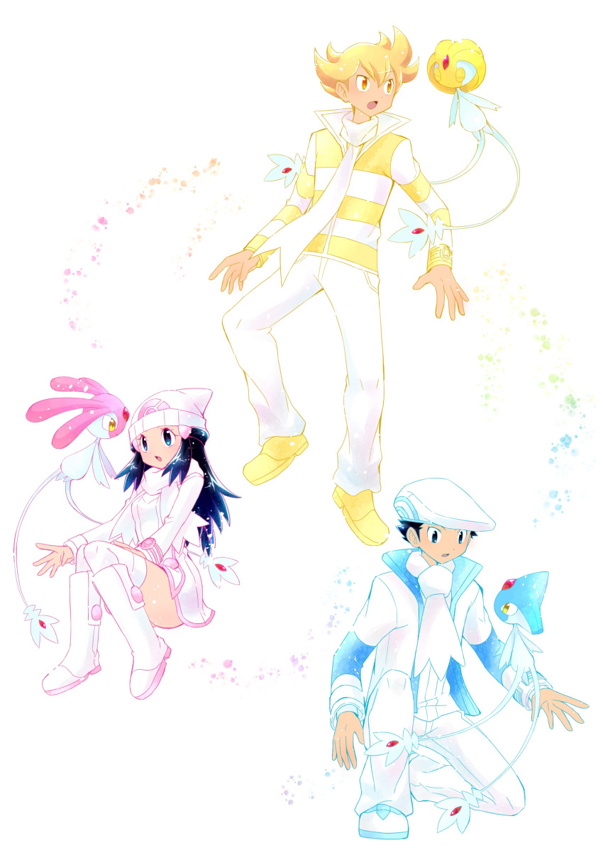 1girl, 2boys, :o, absurdres, alternate_color, azelf, barry_(pokemon), black_hair