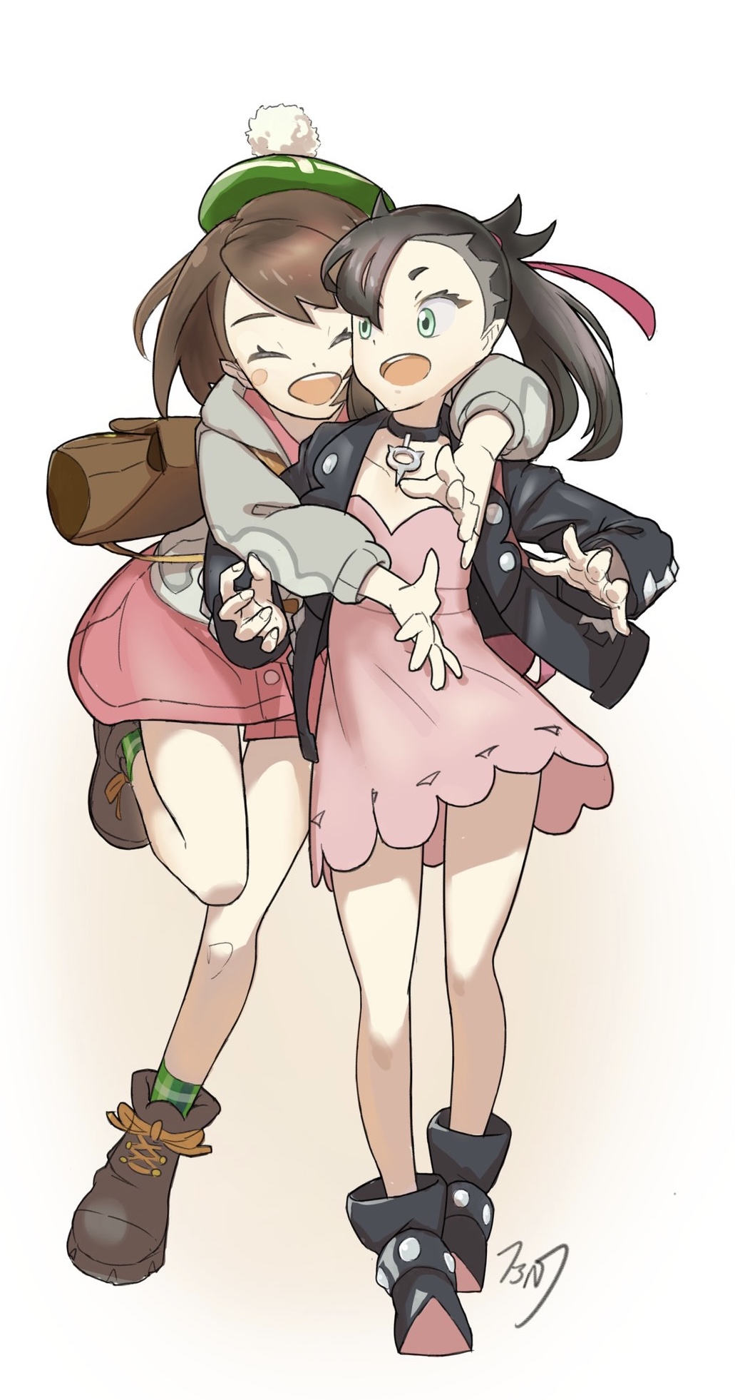 2girls, :d, ^_^, bangs, black_footwear, black_jacket, blush, brown_footwear