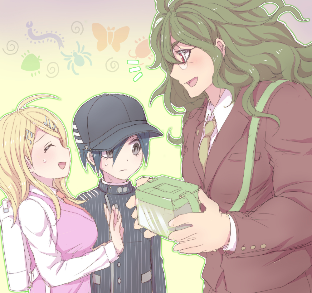 0aoiurn0, 1girl, 2boys, :d, akamatsu_kaede, backpack, bag, bangs