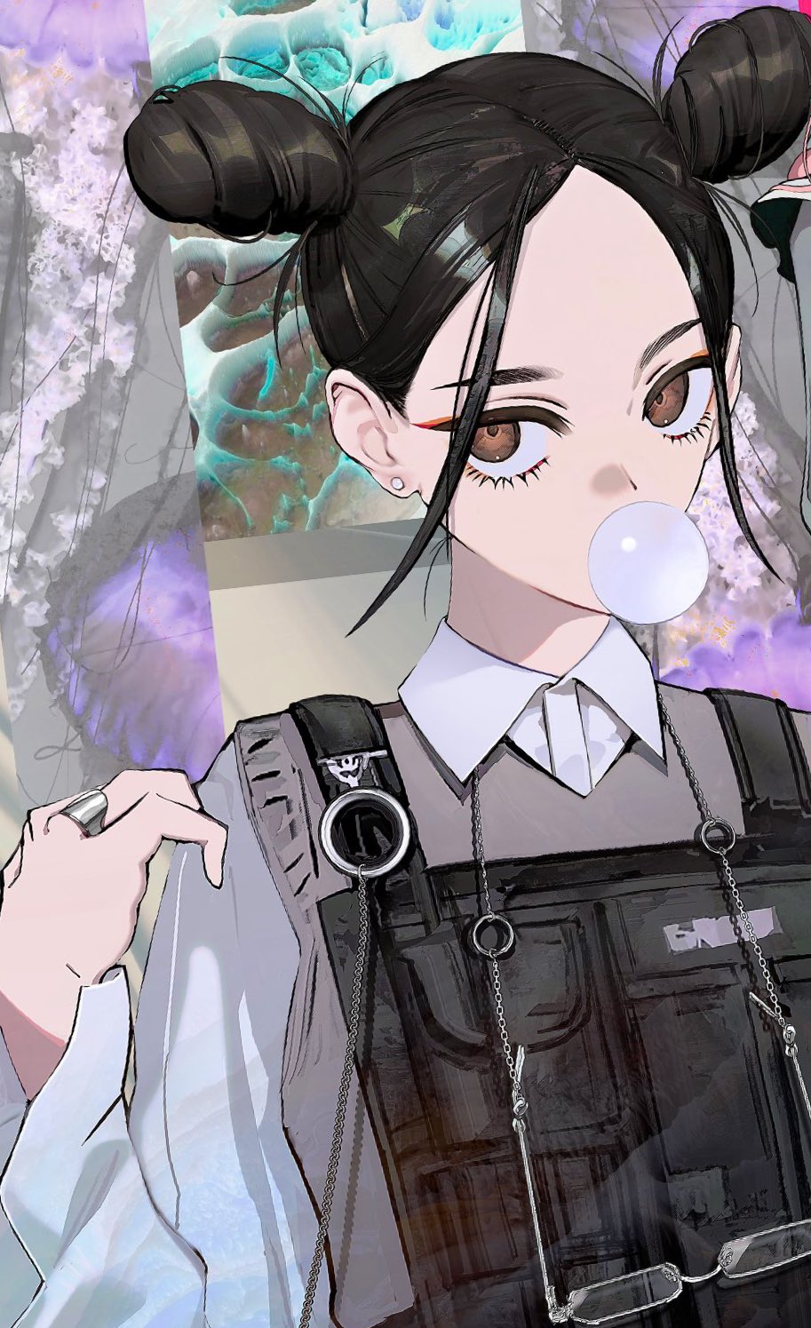 1girl, black_vest, brown_eyes, bulletproof_vest, chewing_gum, collared_shirt, double_bun, eyelashes