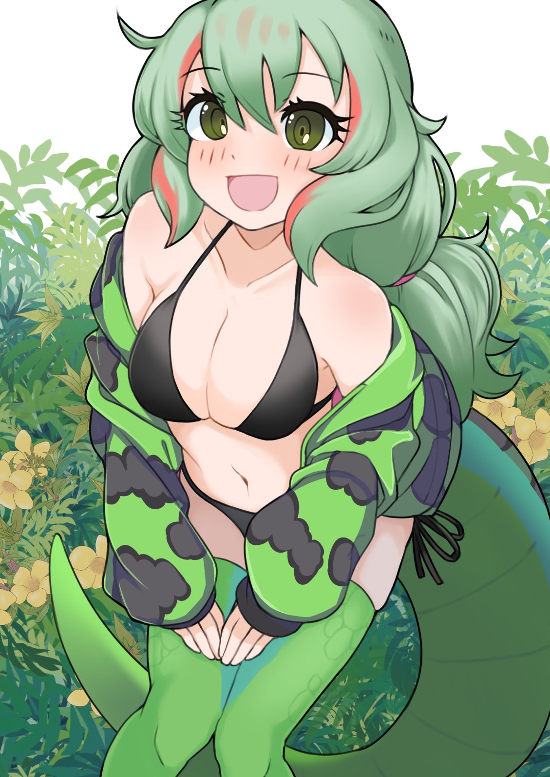 1girl, alternate_costume, bare_shoulders, bikini, black_bikini, blush, boomslang_(kemono_friends), commentary