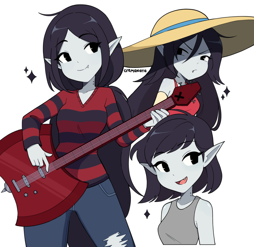 1girl, absurdres, adventure_time, artist_name, axe_guitar, bare_shoulders, black_eyes, black_hair, closed_mouth, cremanata, electric_guitar, fang, fang_out, frown, guitar, hat, highres, holding, holding_instrument, instrument, long_hair, marceline_abadeer, multiple_views, open_mouth, pale_skin, pants, pointy_ears, shirt, short_hair, simple_background, smile, striped, striped_shirt, very_long_hair, white_background