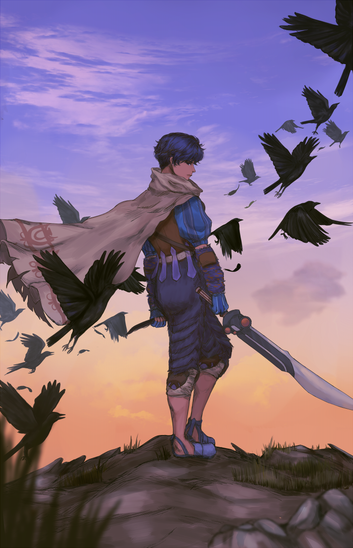 1boy, baten_kaitos, bird, blue_gloves, blue_hair, cape, day, fingerless_gloves