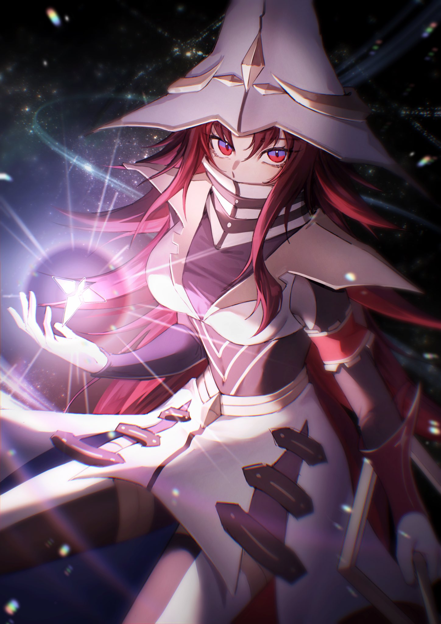 1girl, armband, beyond_the_pendulum, breasts, covered_mouth, dd03420354, duel_monster, gloves, hand_up, hat, highres, holding, holding_staff, long_hair, multicolored_eyes, pointy_hair, redhead, spiky_hair, staff, strap, white_gloves, white_headwear, wizard, wizard_hat, yu-gi-oh!