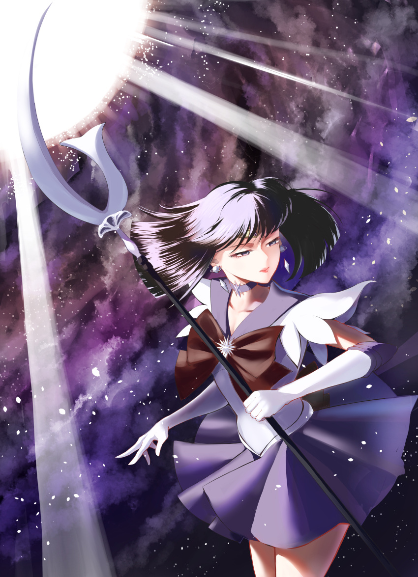 absurdres, back_bow, bangs, bishoujo_senshi_sailor_moon, black_hair, blunt_bangs, bow, bowtie, brooch, choker, earrings, elbow_gloves, gem, gloves, highres, jewelry, miniskirt, mismick, pleated_skirt, purple_bow, purple_bowtie, purple_choker, purple_gemstone, purple_sailor_collar, purple_skirt, sailor_collar, sailor_saturn, shirt, short_hair, short_sleeves, silence_glaive, skirt, space, star_(symbol), star_choker, star_ornament, tiara, tomoe_hotaru, violet_eyes, white_gloves, white_shirt