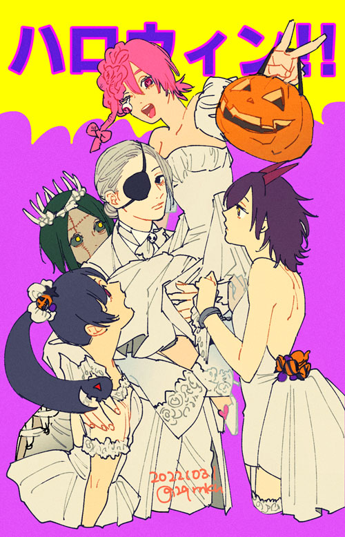 5girls, black_hair, black_sclera, bone, carrying, carrying_person, chainsaw_man, closed_mouth