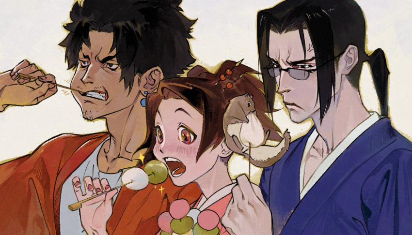 1girl, 2boys, anger_vein, black_hair, blue_kimono, blush, brown_eyes, clenched_teeth