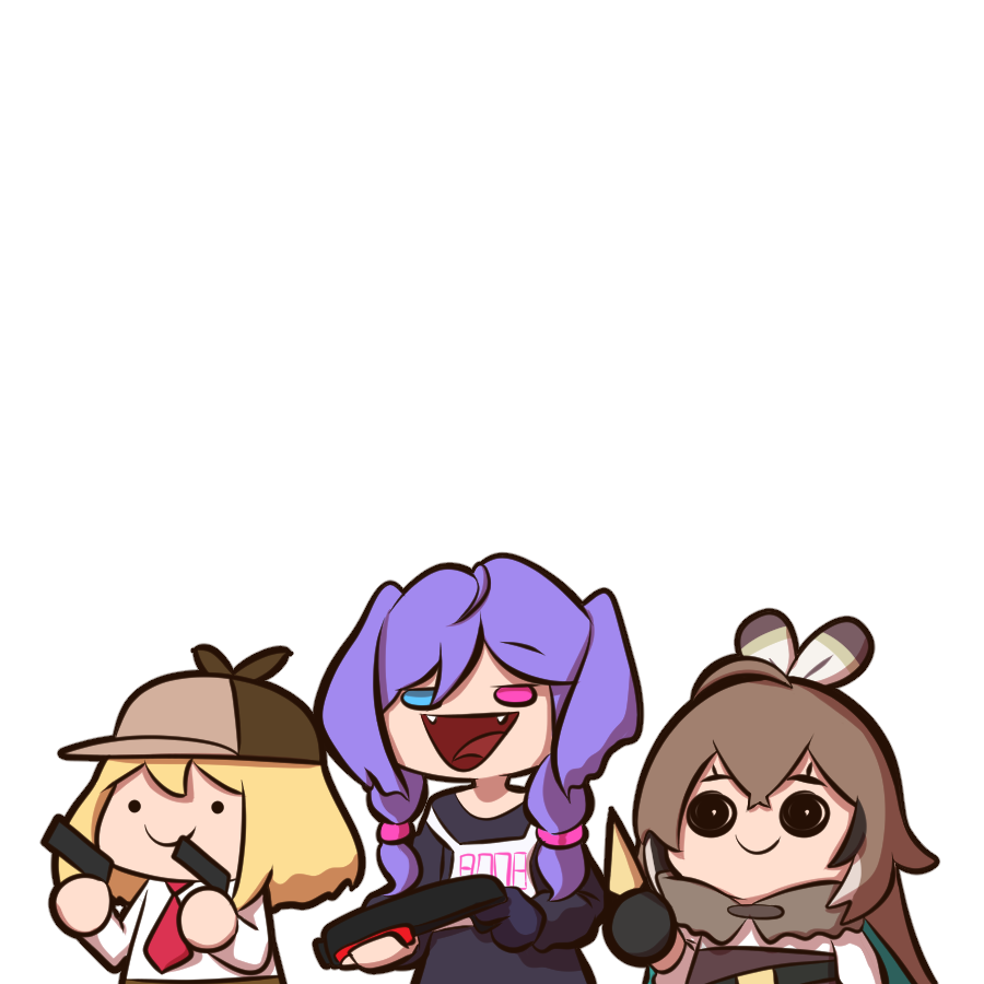 3girls, bangs, blonde_hair, blue_eyes, braid, brown_hair, chibi, deerstalker