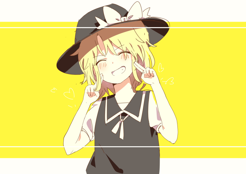 1girl, :d, absurdres, black_headwear, black_vest, blonde_hair, bow, closed_eyes, grin, hat, highres, oomoji_(ymad5434), shirt, short_hair, short_sleeves, smile, solo, teeth, touhou, touhou_(pc-98), two-tone_background, upper_body, vest, white_background, white_bow, white_shirt, yellow_background, yuki_(touhou)