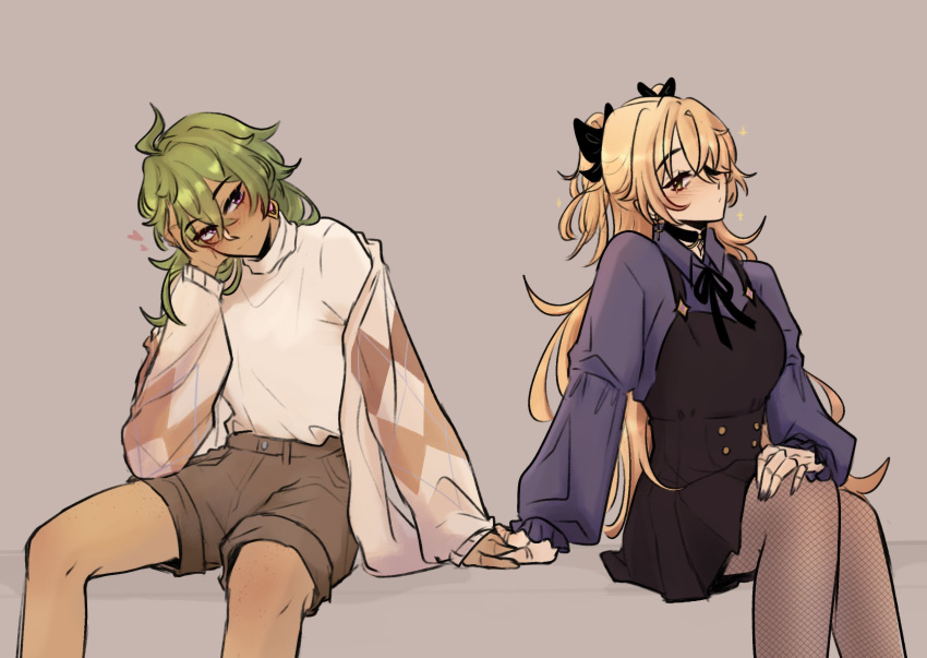 2girls, alfaidopasta, alternate_costume, alternate_skin_color, bangs, blonde_hair, bow, casual, choker, collared_shirt, collei_(genshin_impact), crossed_bangs, dark-skinned_female, dark_skin, earrings, english_commentary, eyepatch, fischl_(genshin_impact), fishnet_pantyhose, fishnets, genshin_impact, green_eyes, green_hair, grey_background, hair_between_eyes, hair_bow, hair_ornament, hair_over_one_eye, highres, holding_hands, invisible_chair, jewelry, long_hair, long_sleeves, looking_at_another, multiple_girls, off-shoulder_sweater, off_shoulder, pantyhose, purple_nails, shirt, shorts, simple_background, sitting, sweater, two_side_up, violet_eyes, yuri