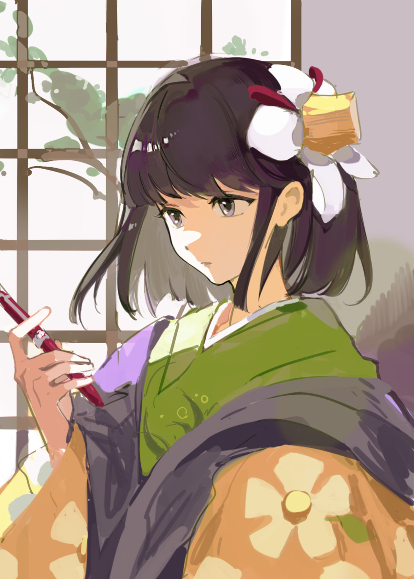 1girl, commentary_request, floral_print, flower, green_kimono, hair_flower, hair_ornament, hieda_no_akyuu