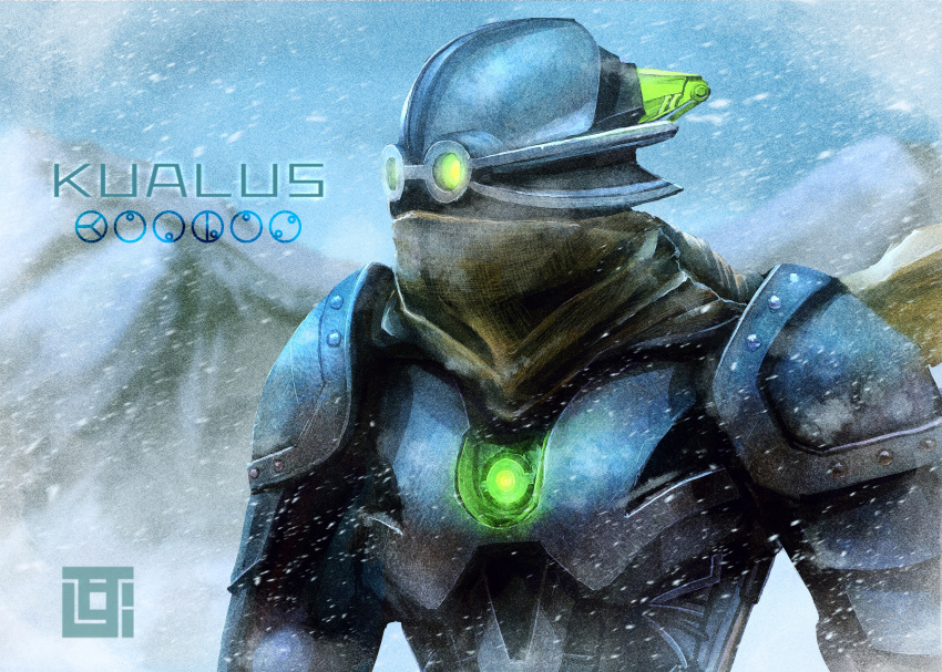bionicle, brown_scarf, character_name, glowing, glowing_eyes, green_eyes, highres, humanoid_robot, kanohi_(bionicle), kozsen_810290, kualus_(bionicle), mask, matoran_language, mountain, robot, scarf, snowing, solo, the_lego_group, upper_body