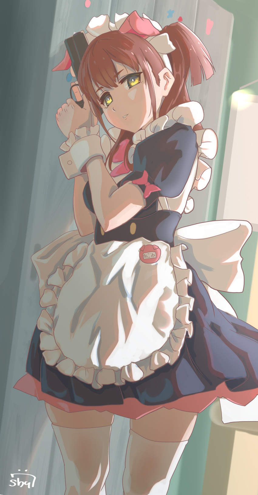 1girl, absurdres, akiba_maid_sensou, animal_ears, apron, black_dress, bow, brown_hair