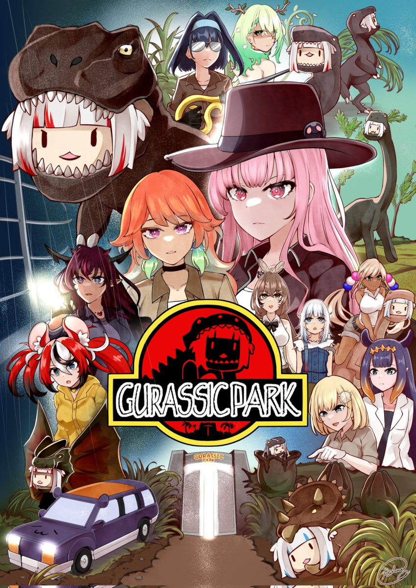 >_<, 6+girls, :d, animal_ears, bangs, black_eyes, blonde_hair, blue_eyes