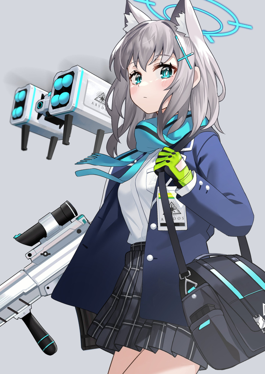 1girl, absurdres, animal_ear_fluff, animal_ears, assault_rifle, bag, bangs, bicycle