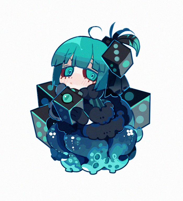 1boy, :/, ahoge, aqua_eyes, aqua_hair, aqua_skin, bangs, black_gloves