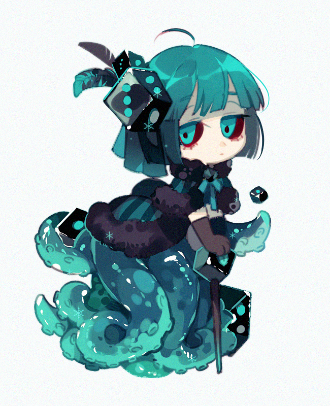 1boy, :|, ahoge, aqua_eyes, aqua_hair, aqua_skin, bangs, black_gloves, black_headwear, blue_capelet, blue_ribbon, blunt_bangs, cane, capelet, chibi, chinese_commentary, closed_mouth, colored_eyelashes, colored_sclera, colored_skin, dice_hair_ornament, elbow_gloves, feather_hair_ornament, feathers, full_body, fur-trimmed_capelet, fur_collar, fur_trim, gloves, hair_ornament, holding, holding_cane, looking_at_viewer, male_focus, monster_boy, multicolored_skin, octopus_boy, original, red_pupils, red_sclera, ribbon, short_hair, simple_background, solo, somalia, suction_cups, tentacles, white_background
