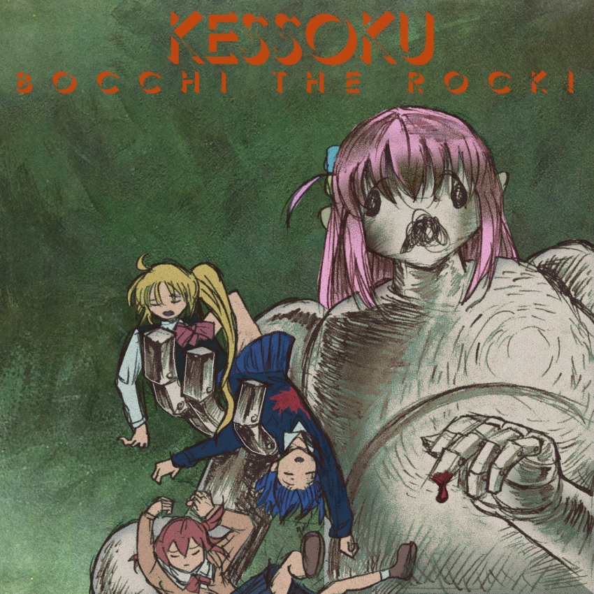 4girls, =_=, album_cover, album_cover_redraw, blood, blood_on_hands, blue_skirt, bocchi_the_rock!