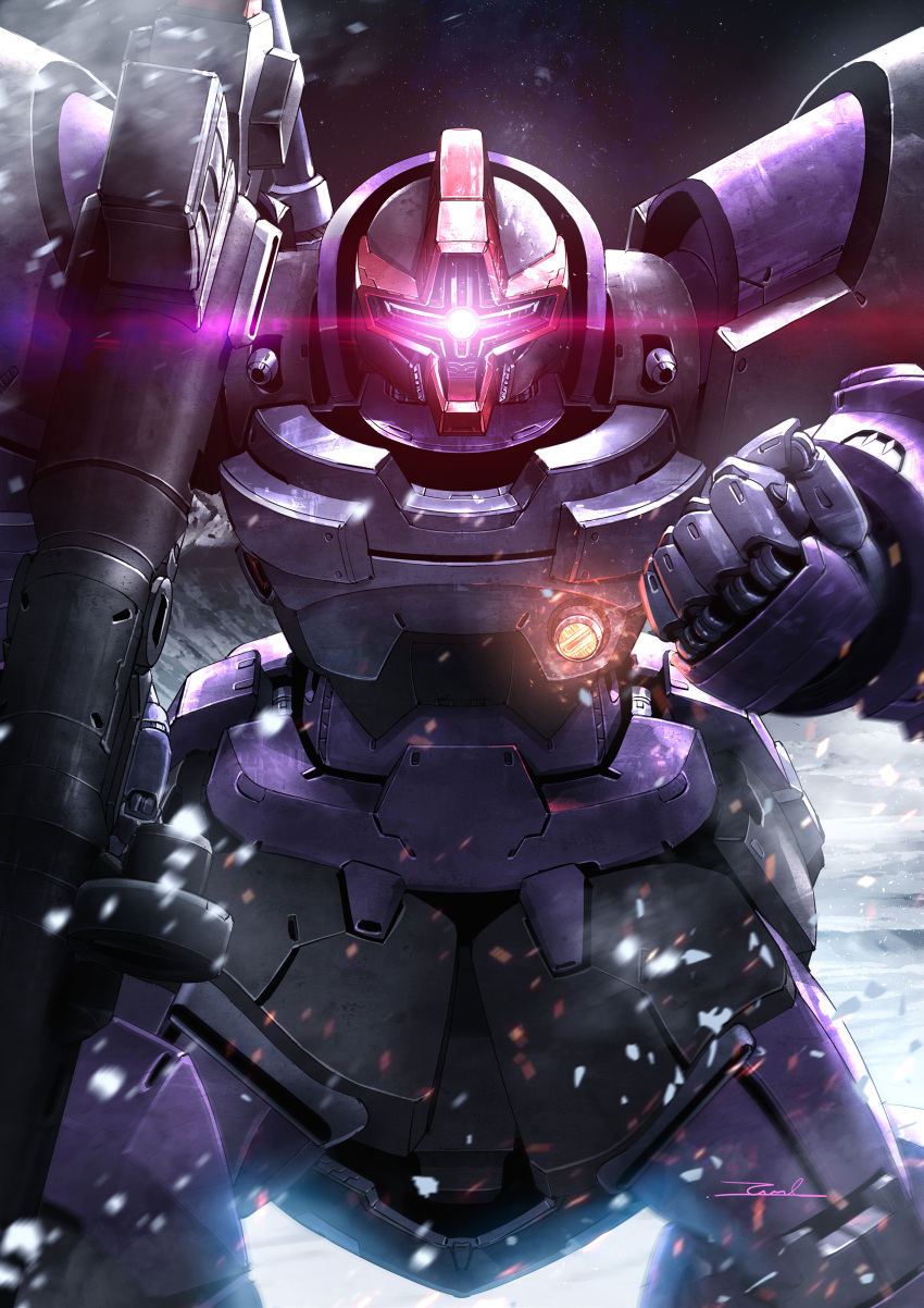 absurdres, bazooka_(gundam), clenched_hand, dom_trooper, glowing, glowing_eye, gun, gundam, gundam_seed, gundam_seed_destiny, highres, holding, holding_gun, holding_weapon, looking_at_viewer, mecha, mobile_suit, no_humans, one-eyed, robot, solo, straight-on, taka-f, violet_eyes, weapon