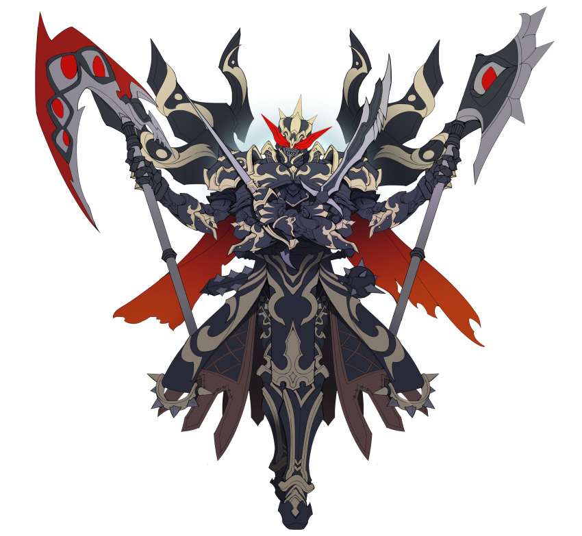 1boy, absurdres, armor, armored_boots, axe, black_armor, boots, catball1994