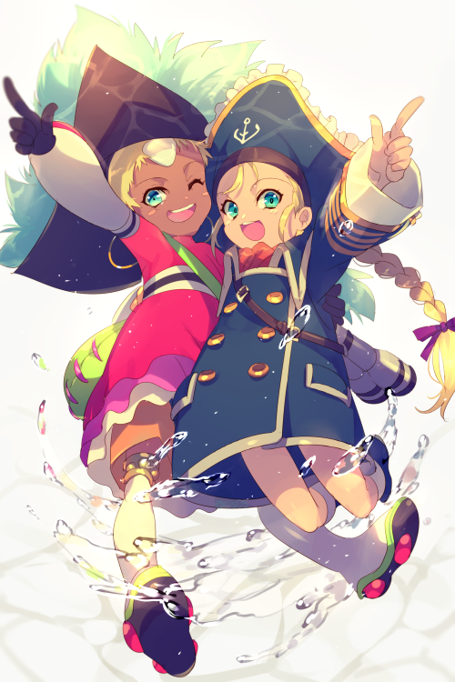 2girls, blonde_hair, blue_eyes, braid, chat_(tales), dark-skinned_female, dark_skin, earrings, echo_(circa), forehead_jewel, full_body, gloves, hat, jewelry, long_hair, looking_at_viewer, multiple_girls, one_eye_closed, open_mouth, patty_fleur, pirate_hat, red_shirt, shirt, short_hair, shorts, smile, tales_of_(series), tales_of_eternia, tales_of_vesperia, thigh-highs, twin_braids, very_short_hair, water